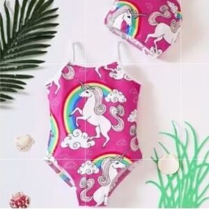 Pink Unicorn Rainbow Swimsuit + Matching Hat Set | 2-Piece Baby/Toddler